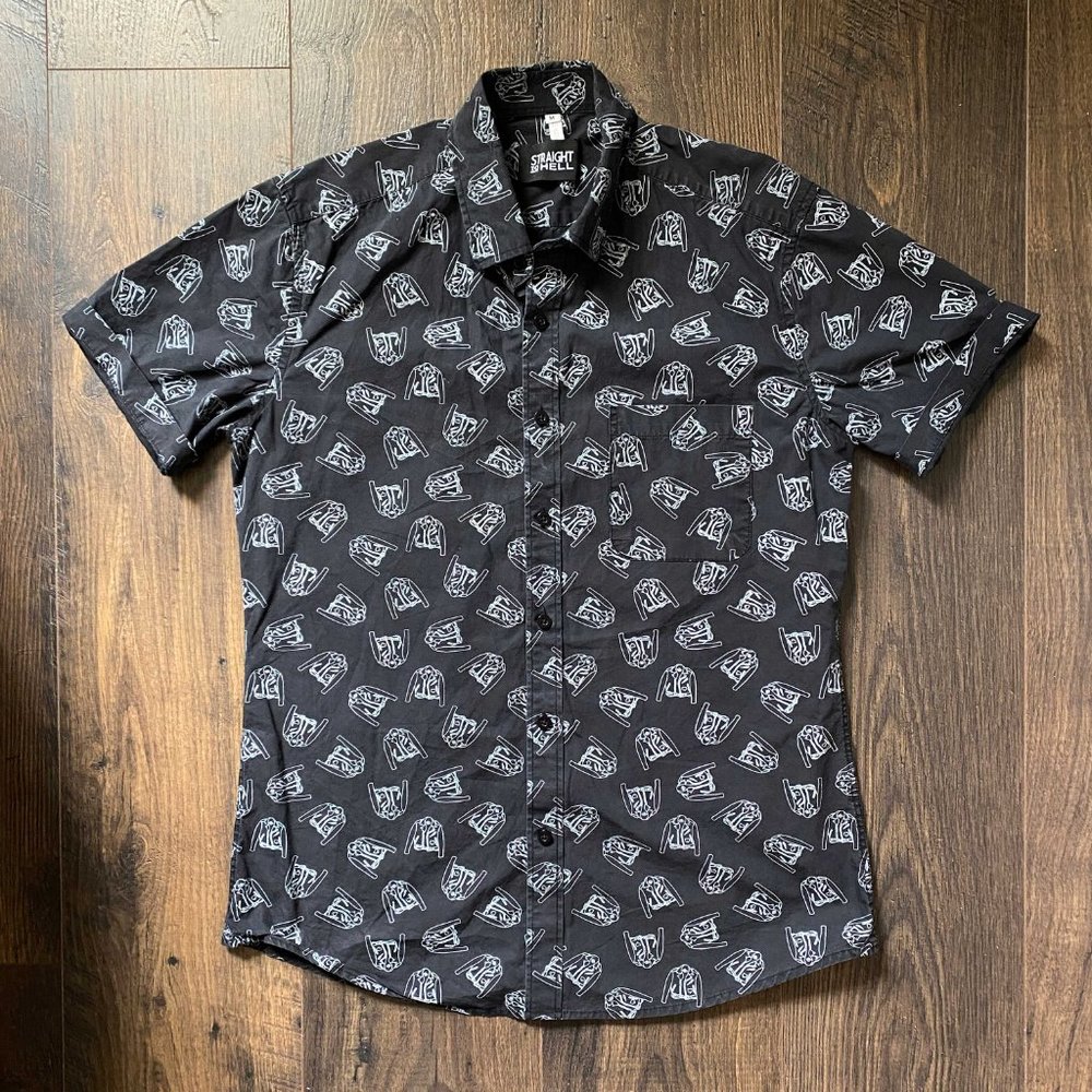 Straight to Hell Black Leather Jacket Short Sleeved Button Up Shirt Medium